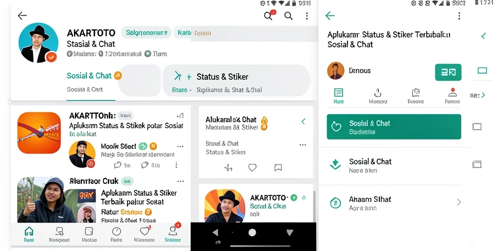 Screenshot utama AKARTOTO menampilkan interface aplikasi Status & Stiker yang menarik.