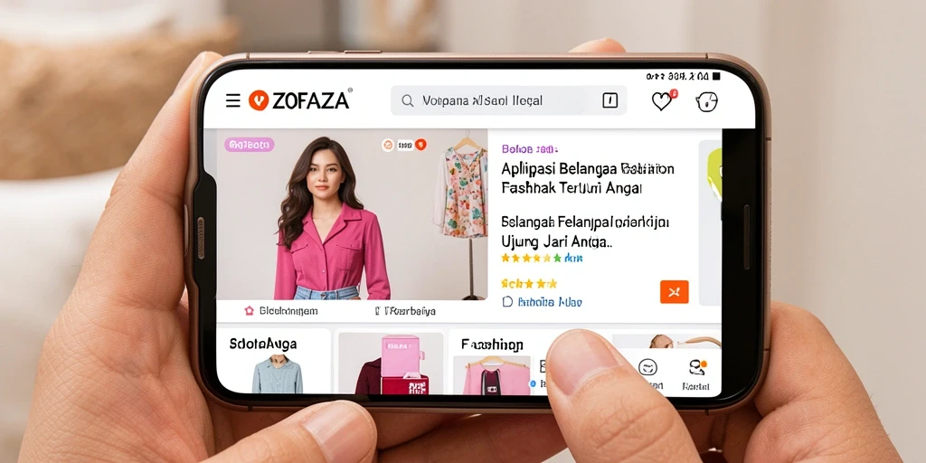 Antarmuka aplikasi ZOFAZA menampilkan berbagai produk fashion menarik.